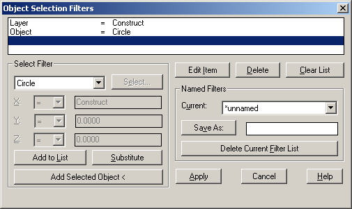 Object Selection Filters Dialogue Box
